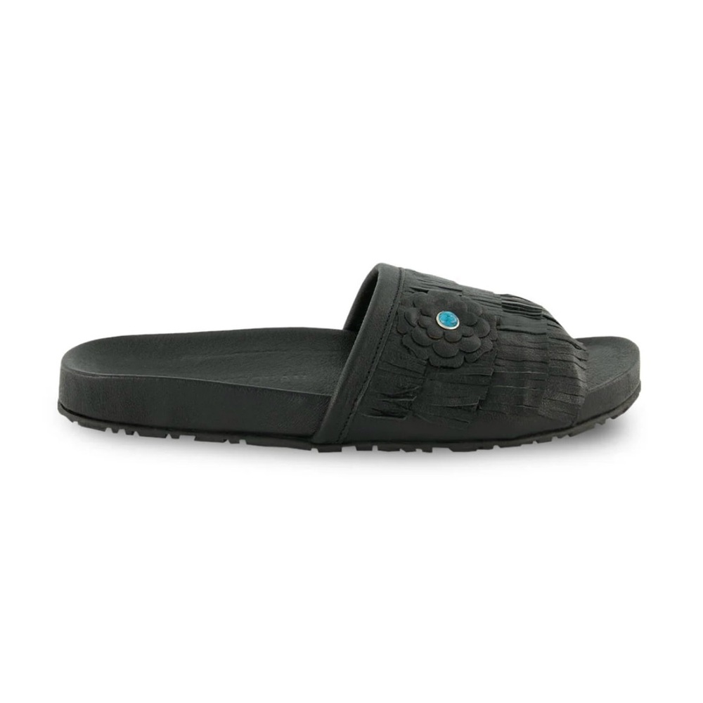 Manitobah Mukluks Wasaga Leather Fringe slide Sandal 8 Black NIB